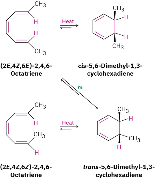 (2E,4Z,6E)-2,4,6-octatriene reacts with heat to give cis-5,6-dimethyl-1,3-cyclohexadiene. (2E,4Z,6E)-2,4,6-octatriene reacts with light to give trans-5,6-dimethyl-1,3-cyclohexadiene. (2E,4Z,6Z)-2,4,6-octatriene reacts with heat to give trans-5,6-dimethyl-1,3-cyclohexadiene.