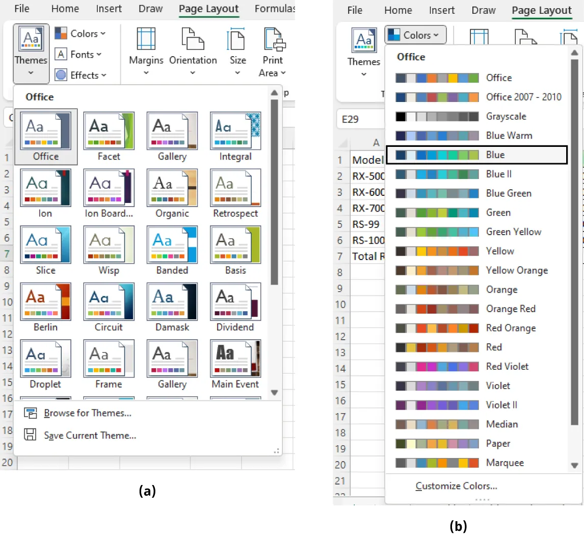 (a) Themes button is selected and opens to options for Office (various color combinations displayed), Browse for Themes, Save Current Theme. (b) Office pane displays color options for selection and Customize Colors.