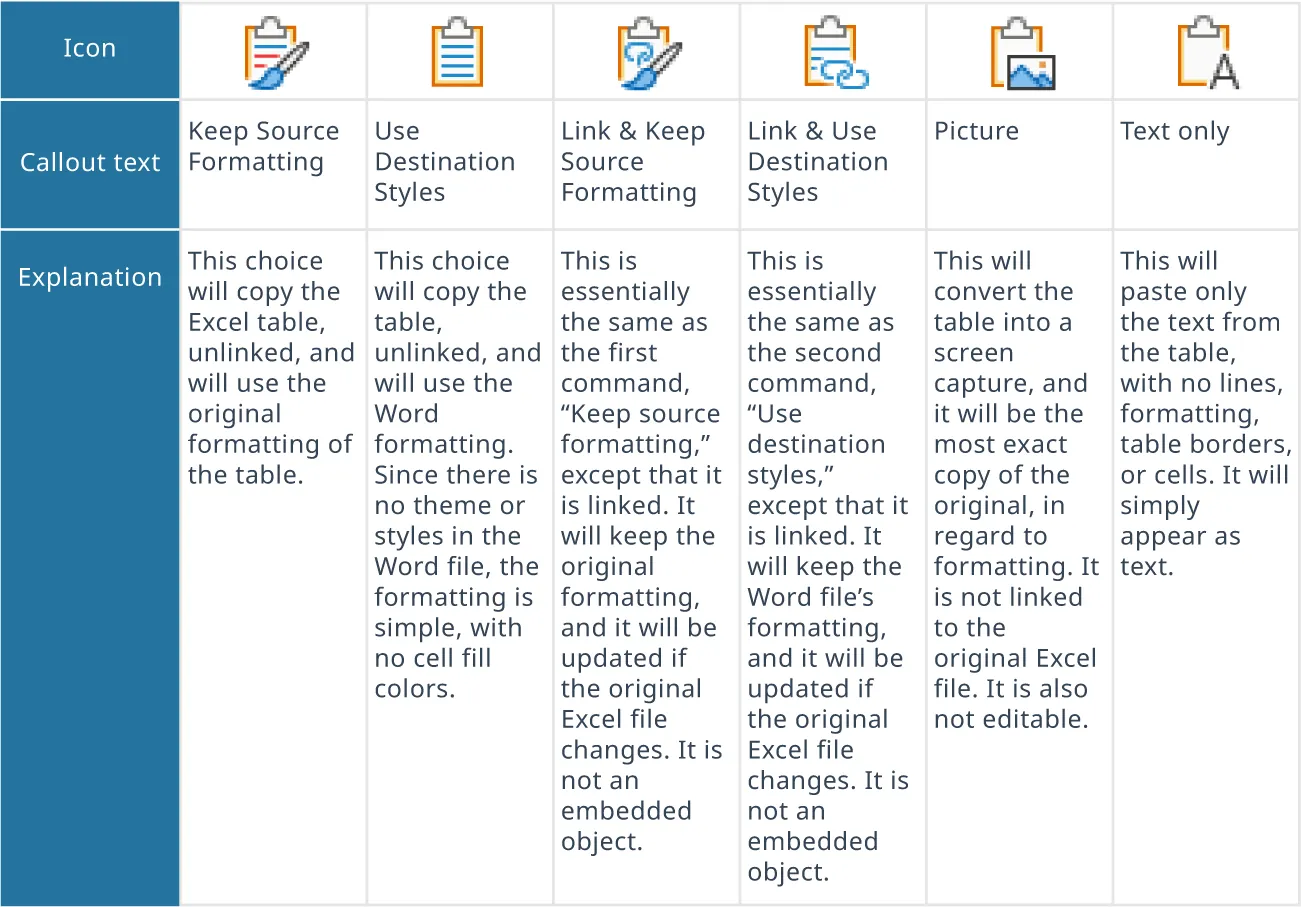 Chart displays Paste icons, the callout text, and explanations for: Keep Source Formatting, Use Destination Styles, Link & Keep Source Formatting, Link & Use Destination Styles, Picture, Text Only.