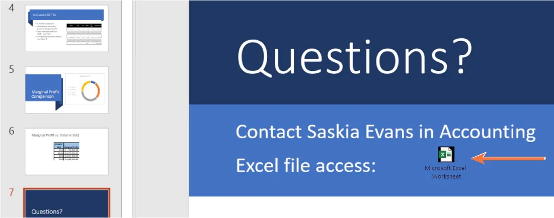 In the PowerPoint slide, an inserted editable Excel icon is visible.