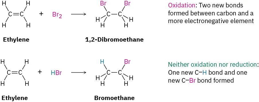 Via oxidation, ethylene reacts with bromine to form 1,2-Dibromoethane. Via neither oxidation nor reduction, ethylene reacts with HBr to form bromoethane.