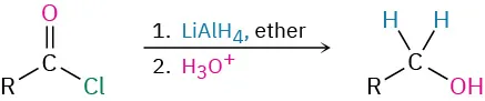 Reaction of an acid chloride with lithium aluminum hydride in ether followed by treatment with acid to generate an alcohol.