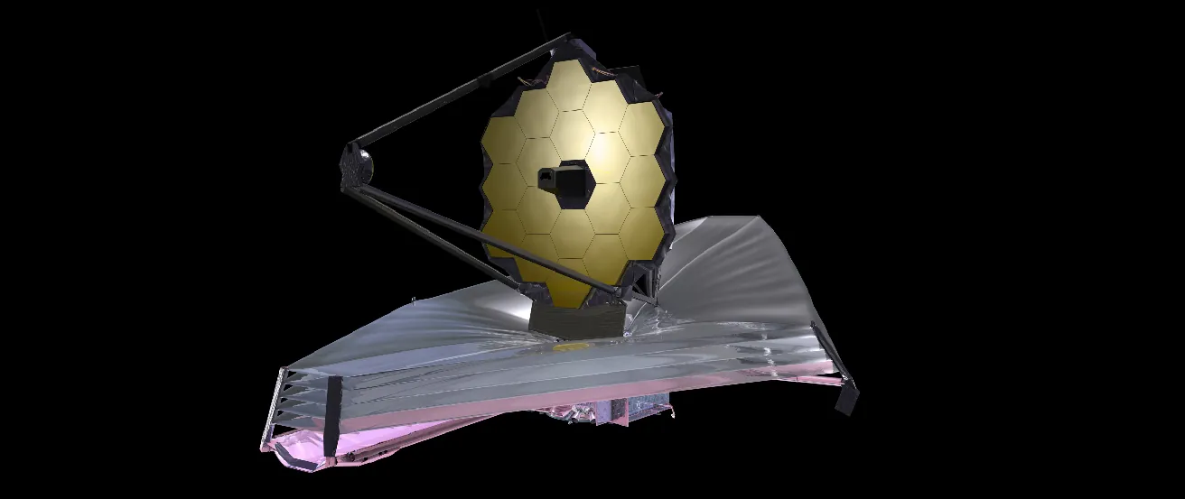 Illustration of the James Webb Space Telescope. The segmented primary mirror is at top, pointing to the left. At bottom is the multi-layered sunshield.