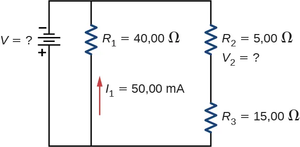 El terminal negativo de la fuente de voltaje V se conecta a dos ramas en paralelo, una con el resistor R subíndice 1 de 40 Ω con corriente descendente I subíndice 1 de 50 mA y la segunda con R subíndice 2 de 5 Ω en serie con R subíndice 3 de 15 Ω.