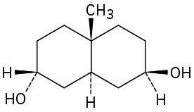 The structure of a trans-decalin with a wedged methyl and dashed hydrogen at the ring junction, a wedged hydroxyl at C 3, and dashed hydroxyl at C 6.