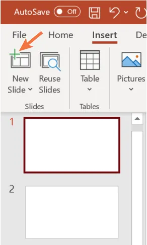 A screenshot of the left side of a PowerPoint presentation displaying the first two slides. The New Slide button in the Slides command group is indicated.