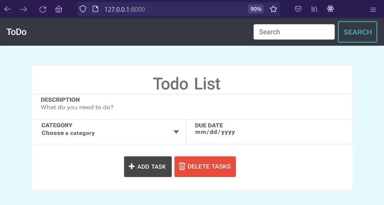 Screenshot of Todo List with Description, Category, and Due Date sections as well as Add Task and Delete Tasks buttons.