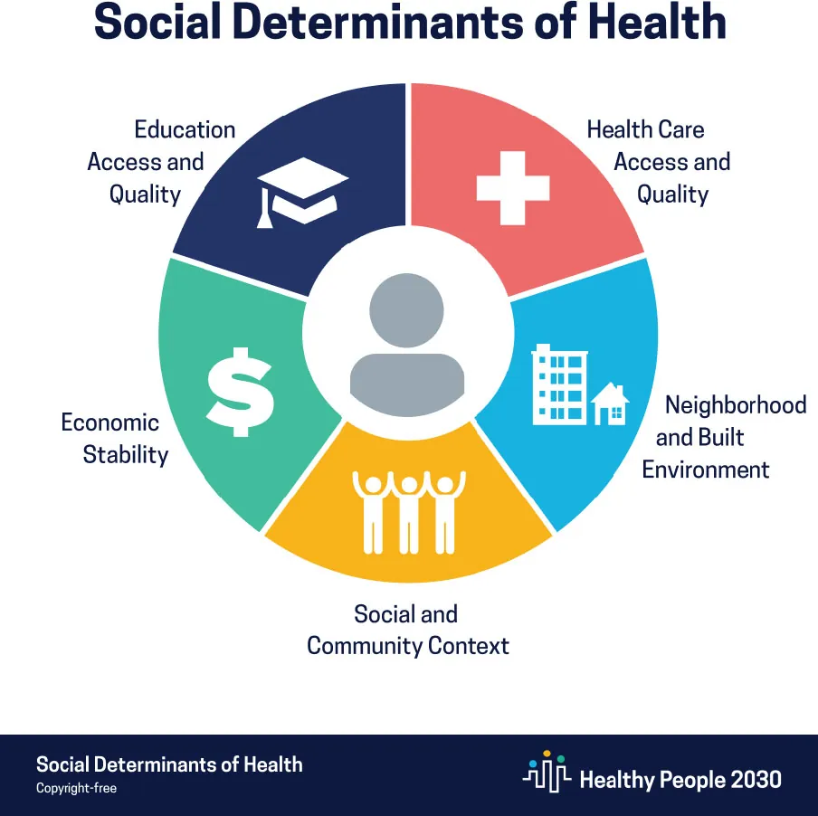 Social Determinants of Health diagram showing a circle divided into five segments, clockwise from top left: plus sign labeled Health Care Access and Quality, buildings labeled Neighborhood and Built Environment, people labeled Social and Community Context, dollar sign labeled Economic Stability, graduation cap labeled Education Access and Quality.