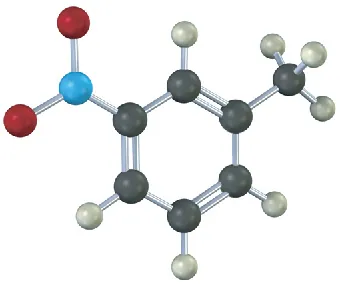 The ball-and-stick model has a toluene ring. C 3 is bonded to an amino group.