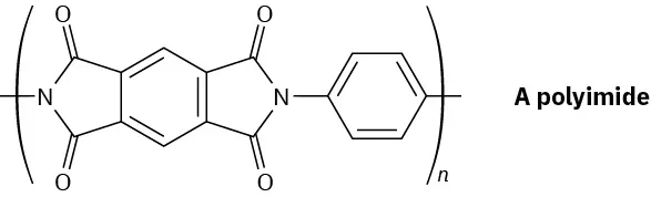 Polyimide structure in parentheses with subscript n shows benzene fused between two cyclopentane with N and two carbonyls. Cyclopentane ring is single-bonded to another benzene on right with free bond.
