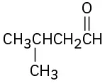 The structure of 3-methylbutanal shows a four-carbon membered chain with a methyl group on the third carbon. The aldehyde group (C H O) is positioned on the first carbon.