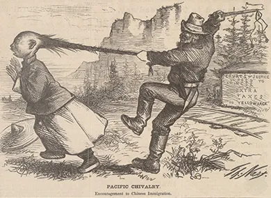 An illustration captioned “Pacific Chivalry. Encouragement to Chinese Immigration” depicts a White man, whose hat is labeled “California,” preparing to whip a Chinese man; he holds the man by his queue as the man attempts to flee, his characteristic hat having fallen beside him. Beside the railroad tracks running past the pair, a sign reads “Courts of Justice Closed to Chinese. Extra Taxes to ‘Yellow Jack.’” The Pacific landscape is visible in the background.
