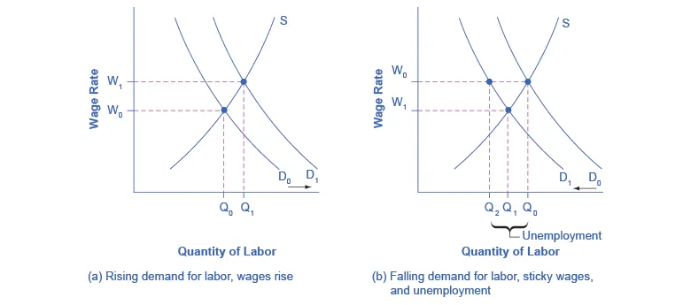 The graphs show how supply and demand influence unemployment.