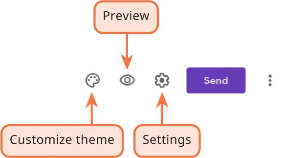 Icons for Customize theme (a paint palette), Preview (an eye), and Settings (a gear) are visible with a Send button and More options (three dots stacked on top of each other).