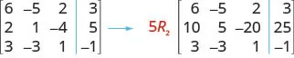 Two 3 by 4 matrices are shown. In the one on the left, the first row is 6, minus 5, 2, 3. The second row is 2, 1, minus 4, 5. The third row is 3, minus 3, 1, minus 1. The second matrix is similar to the first except that row 2, preceded by 5 R2, is 10, 5, minus 20, 25.