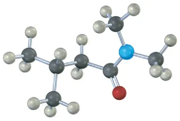 Ball-and-stick model depicts four-carbon chain with N, N-dimethylamine, and methyl groups attached to first and third carbon. Black, gray, blue, and red spheres represent carbon, hydrogen, nitrogen, and oxygen, respectively.