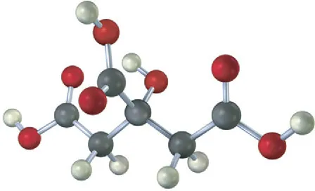 The ball and stick model of citric acid where grey, black and red spheres represent hydrogen, carbon, oxygen, respectively.