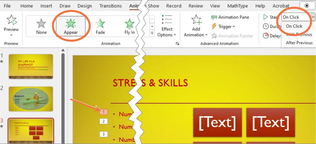 A PowerPoint screen is open to the Animations tab. The Appear option has been selected and has been set to start on click. There is an arrow pointing to the first bullet to appear.