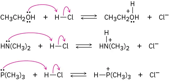 Three reversible reactions show ethanol, dimethylamine, and trimethylphosphine each reacting with hydrogen chloride to form protonated products.