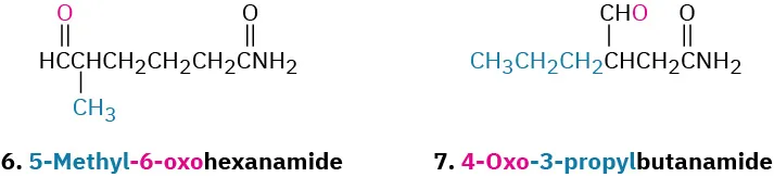 The structure of two compounds named 5-methyl-6-oxohexanamide and 4-oxo-3-propylbutanamide. Both structures have an amide group constituting C 1 position.