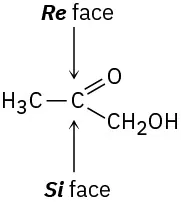 The structure of hydroxyacetone. The central carbon is labeled Re face at the top and Si face at the bottom.