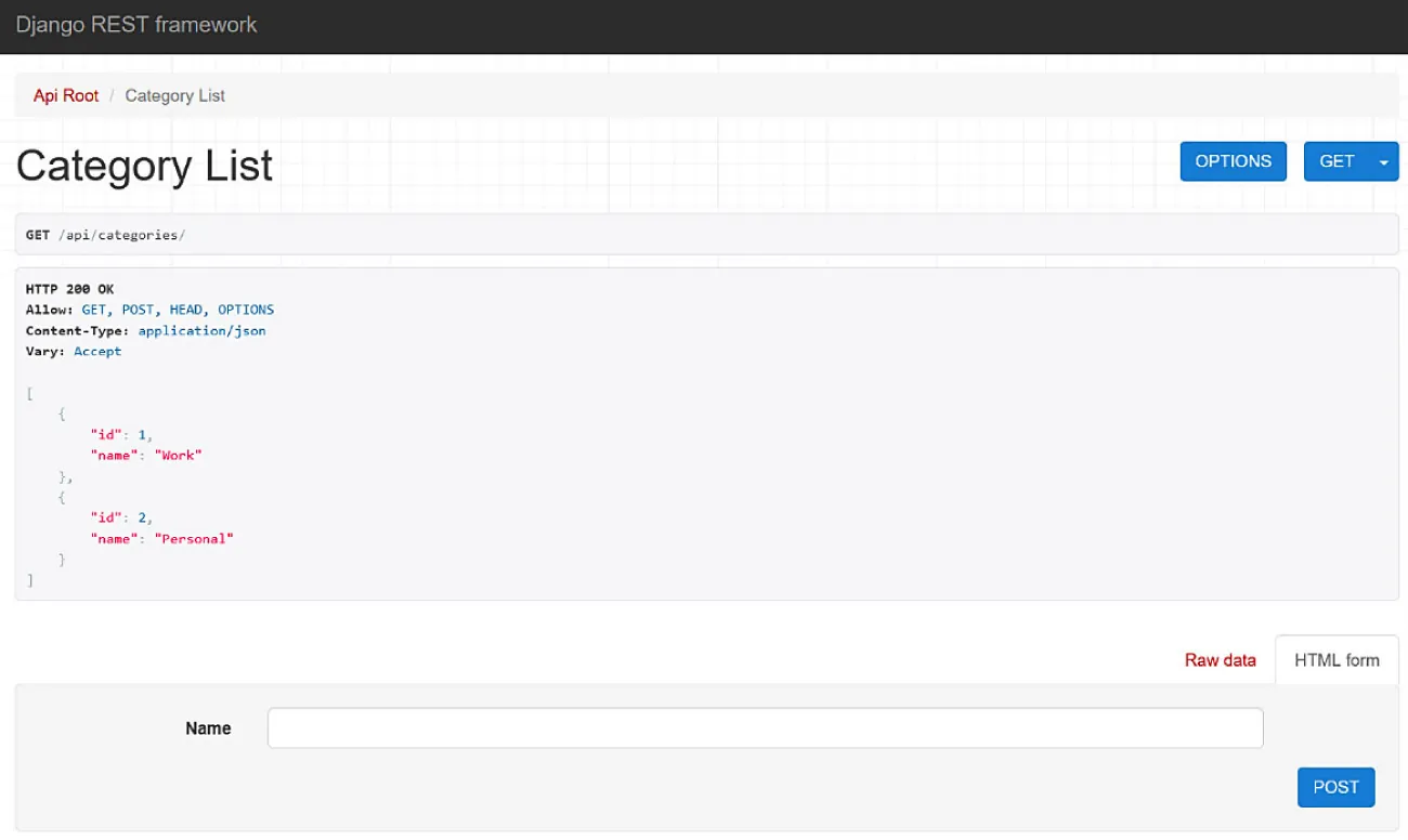Screenshot of entry page to Django REST API.