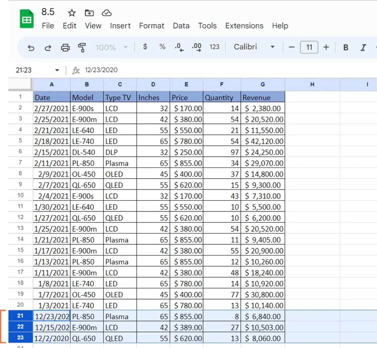In a table, the last three rows are highlighted.
