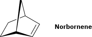 The structure of norbornene comprising a cyclohexene ring and a bridged methylene group.