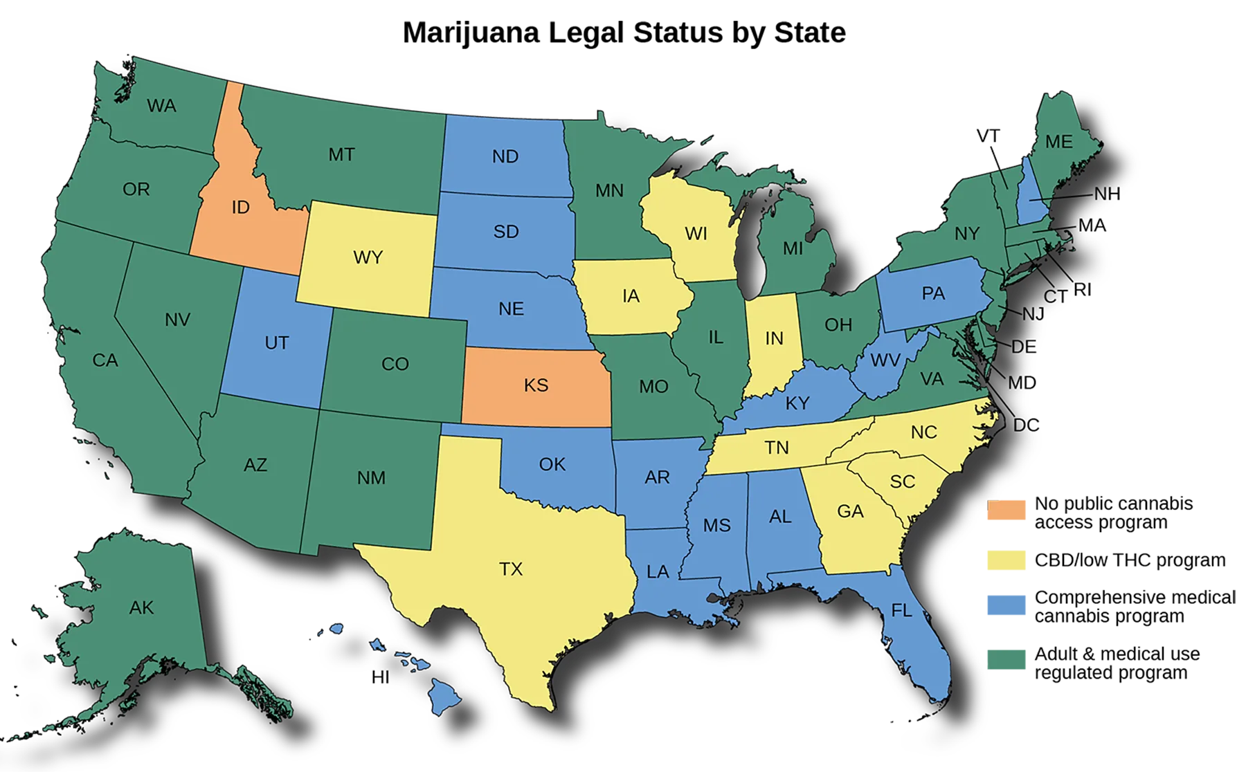 A map of the Unites States titled “Marijuana Legal Status by State”. The map shows which states have an adult & medical use regulated program, a comprehensive medical cannabis program, a C B D or low T H C program, or no public cannabis access program. The states with an adult & medical use regulated program are Alaska, Arizona, California Colorado, Connecticut, Delaware, Illinois, Maine, Massachusetts, Michigan, Minnesota, Missouri, Montana, Nevada, New Jersey, New Mexico, New York, Ohio, Oregon, Rhode Island, Vermont, Virginia, and Washington. The states with a comprehensive medical cannabis program are Alabama, Arkansas, Florida, Hawaii, Kentucky, Louisiana, Mississippi, Nebraska, New Hampshire, North Dakota, Oklahoma, Pennsylvania, South Dakota, Utah, and West Virginia. The states with a C B D or low T H C program are Georgia, Indiana, Iowa, North Carolina, South Carolina, Tennessee, Texas, Wisconsin, and Wyoming. The states with no public cannabis access program are Idaho and Kansas.