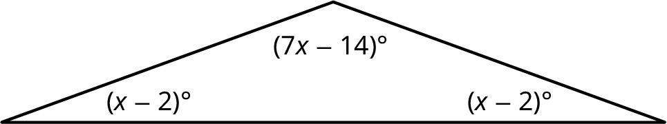 A triangle with its interior angles marked (x minus 2) degrees, (7 x minus 14) degrees, and (x minus 2) degrees.