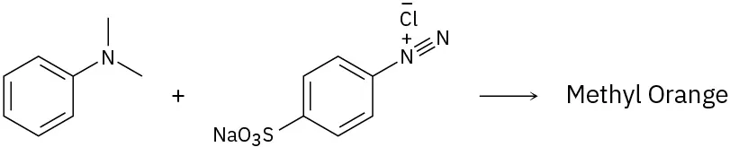 Benzene bonded to nitrogen with two open single bonds reacts with benzene bonded to S O 3 N a and to N triple bonded to N with a plus charge on the first N, forming methyl orange.