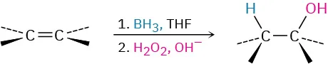 Alkene reacts with borane in tetrahydrofuran and hydrogen peroxide in hydroxide ion to form a product, in which C1 is bonded to a hydroxyl group.