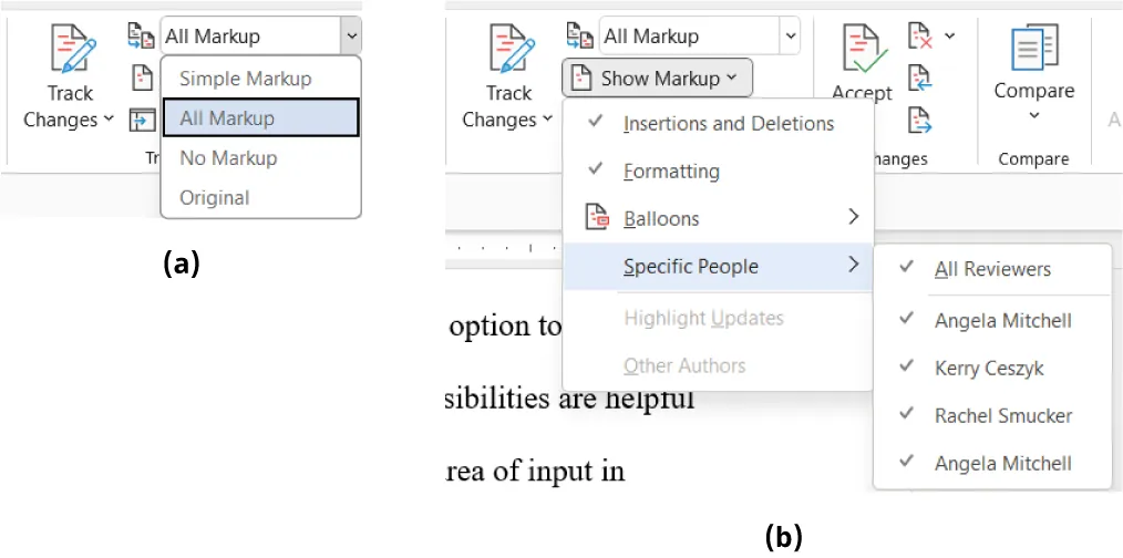 (a) Display for Review option lists All Markup selected from drop-down. (b) Show Markup option lists Specific People selected and opens to selected options for All Reviewers and a list of names.