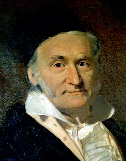 A close-up portrait of an elderly man, likely Carl Friedrich Gauss, depicted with a dark hat, white sideburns, and a formal white collar against a dark background, showcasing a serious expression.