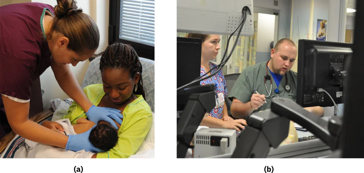 (a) A nurse helps a new mother with breastfeeding her infant. (b) Two medical personnel work at a computer station.
