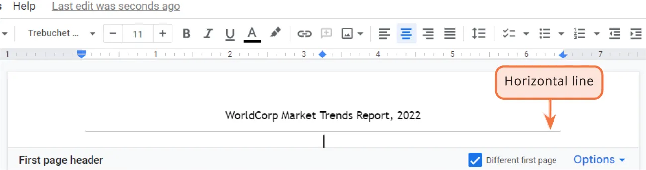 In the document, a horizontal line is visible between the title WorldCorp Market Trends Report, 2022 and the cursor in the center of the next line.