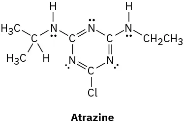The line-bond structure of atrazine featuring one lone pair on each nitrogen.