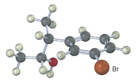 A ball-and-stick model of benzene with bromine on C 1, C 3 of benzene has the substituent 2-butanol attached by C 3 of 2-butanol.
