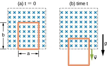 Figure A shows rectangular loop with the sides a and b in a region of uniform magnetic field that is perpendicular to the area enclosed by the loop and horizontal to Earth’s surface. Figure B shows rectangular loop that due to the force of gravity left a region of uniform magnetic field.