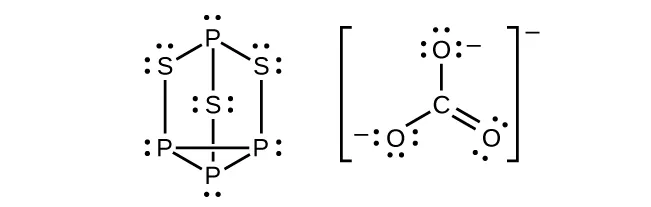 Two Lewis structure are shown, the left of which depicts three phosphorus atoms single bonded together to form a triangle. Each phosphorus is bonded to a sulfur atom by a vertical single bond and each of those sulfur atoms is then bonded to a single phosphorus atom so that a six-sided ring is created with a sulfur in the middle. Each sulfur atom in this structure has two lone pairs of electrons while each phosphorus has one lone pair. The second Lewis structure shows a chlorate atom single bonded to two oxygen atoms, each of which has three lone pairs of electrons, and double bonded to an oxygen atom, which has two lone pairs of electrons.