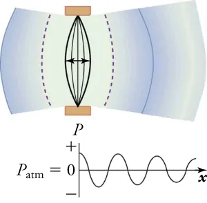 A string vibrates back and forth from left to right. The graph of its position is sinusoidal in shape, with amplitude decreasing over time.