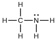 A Lewis structure diagram of methylamine, showing a carbon atom bonded to three hydrogen atoms and a nitrogen atom. The nitrogen atom is bonded to two hydrogen atoms and has one lone pair of electrons.