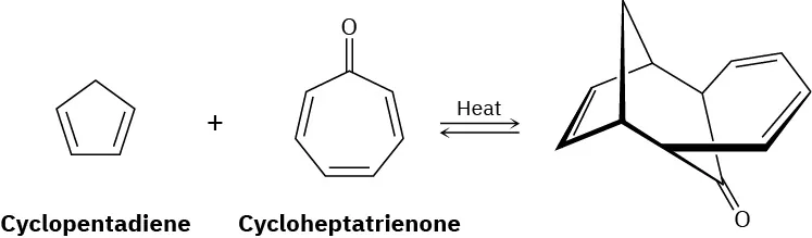 Cyclopentadiene reacts with cycloheptatrienone in the presence of heat to form a norbornene with a carbonyl group connected to a six-membered carbon with two double bonds.