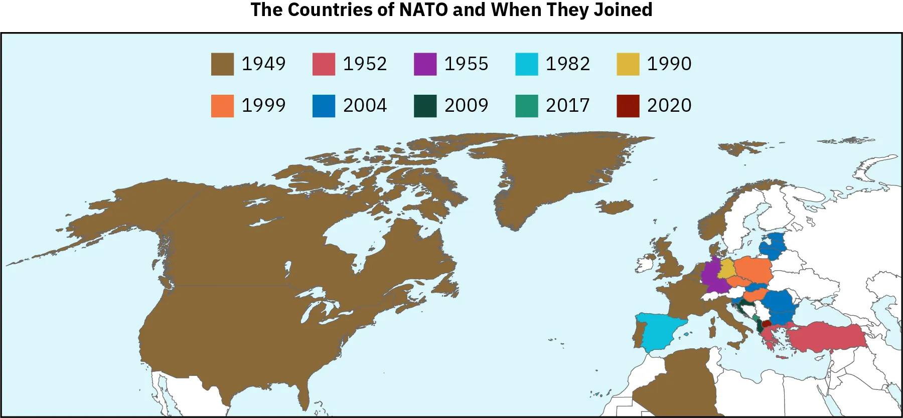 A map shows the 30 members of NATO color-coded according to when they joined the alliance. The 12 founding members--Belgium, Canada, Denmark, France, Iceland, Italy, Luxembourg, the Netherlands, Norway, Portugal, the United Kingdom, and the United States--joined in 1949. The other member countries are Greece and Turkey (1952); Germany (1955); Spain (1982); the Czech Republic, Hungary, and Poland (1999); Bulgaria, Estonia, Latvia, Lithuania, Romania, Slovakia, and Slovenia (2004); Albania and Croatia (2009), Montenegro (2017); and North Macedonia (2020). When the German reunification occurred in 1990, East Germany also became a part of NATO.