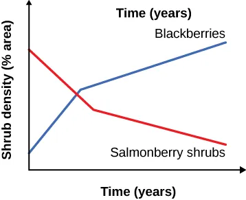 The graph shows a blue line representing the growth of Blackberry shrub density (% area) over time in years, and a red line representing the growth of Salmonberry shrubs (% area)  over time in years. The blue representing Blackberry shrub density line starts near zero and rises sharply, crossing the red line and then continuing to rise more slowly. The red line representing Salmonberry shrubs starts very high, near the top of the graph, and falls dramatically, crossing the blue line and then continuing to decrease more slowly.