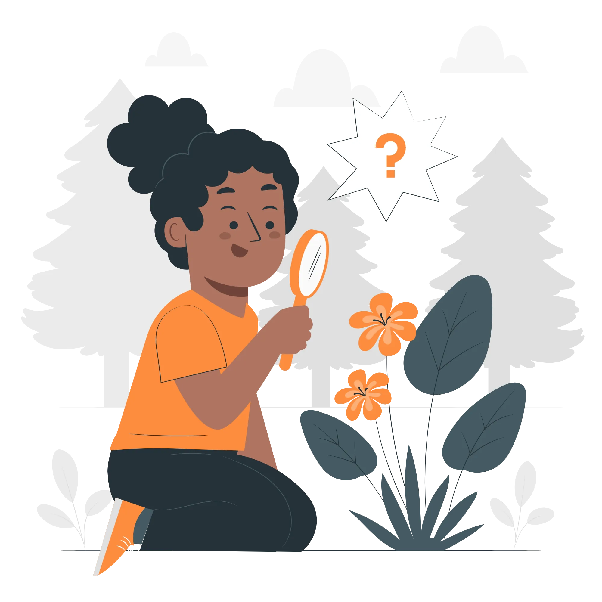 An illustrated person kneels outdoors, holding a magnifying glass and examining orange flowers, with a question mark in a speech bubble above their head. Pine trees and clouds are in the background.