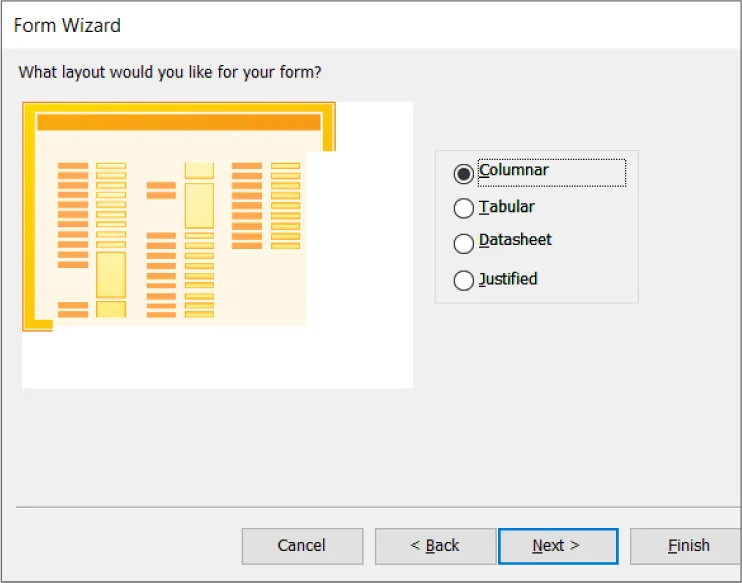 Form Wizard asks: What layout would you like for your form? Options listed: Columnar (selected), Tabular, Datasheet, and Justified.