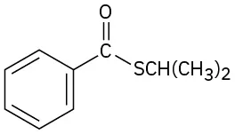 The structure shows a thioester where a benzene ring is attached to a central carbonyl carbon. A sulfur atom bound to an isopropyl group is also attached to the carbonyl carbon.