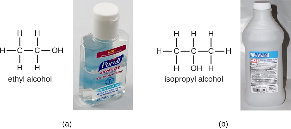 a) Ethyl alcohol has 2 C’s and an OH.  B) Isopropyl alcohol has 3 C’s and an OH.