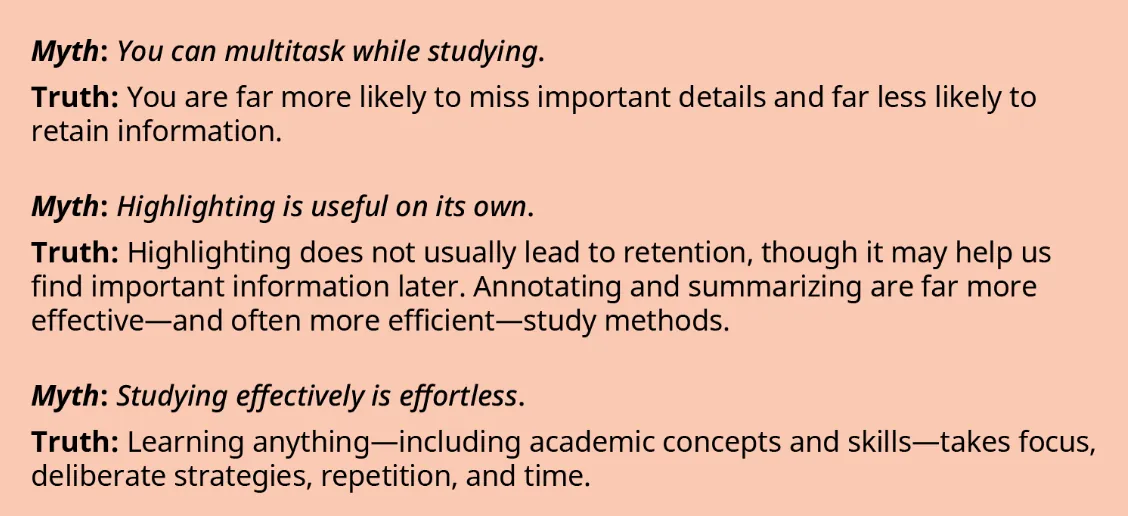 Debunking common study myths: Multitasking, passive highlighting, and effortless learning are ineffective. True learning requires focus, deliberate strategies, repetition, and active methods like annotating.
